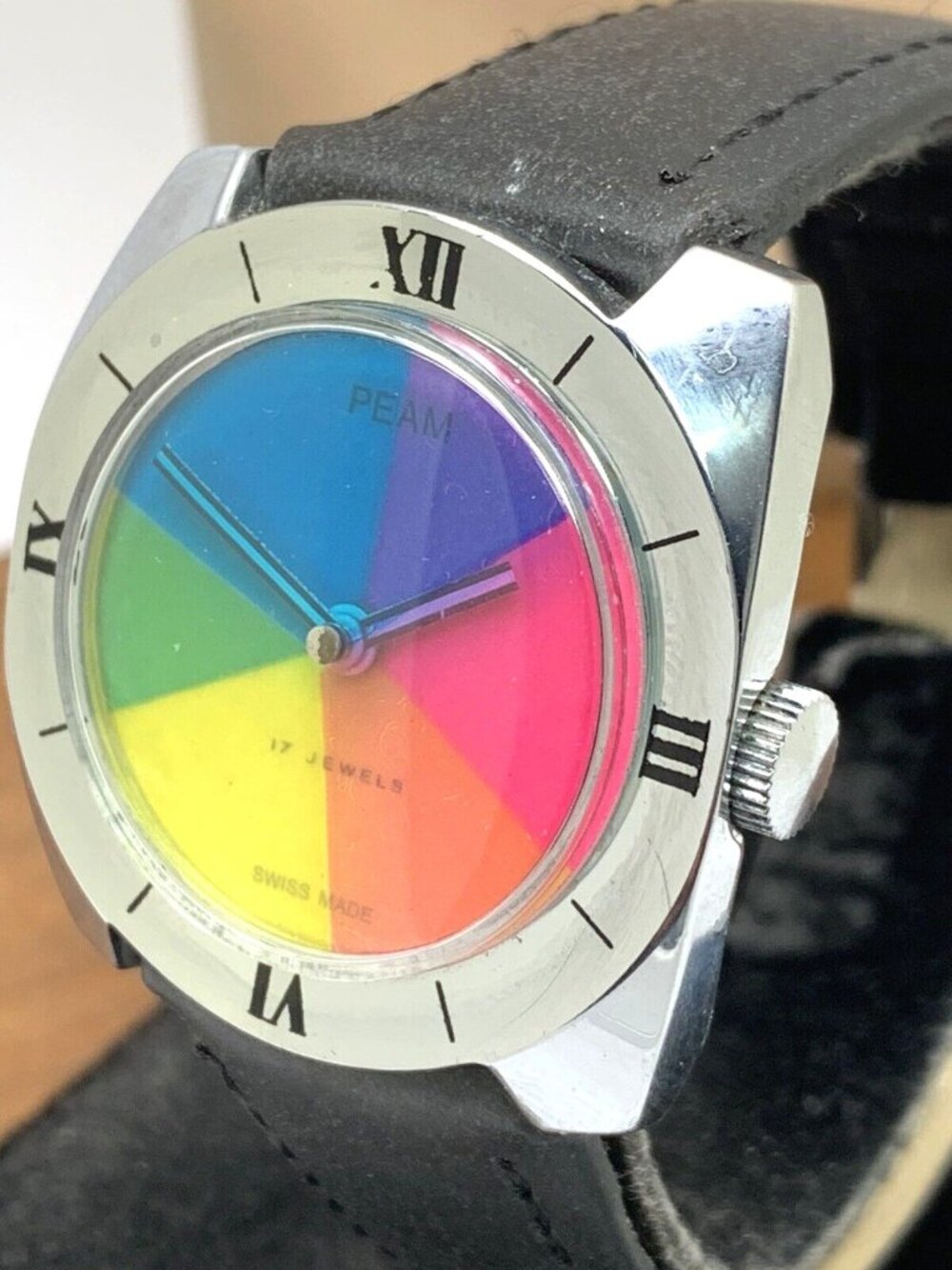 Peam Mens Watch Vintage 70s Swiss Hand Wind Rainbow Dial Black Leather Band 34mm